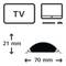 'Zosilňovač TV antény', rozmery: výška 21 mm, šírka 70 mm. Hore: TV symbol a zosilňovacie zariadenie; dole: polkruhový výrez.