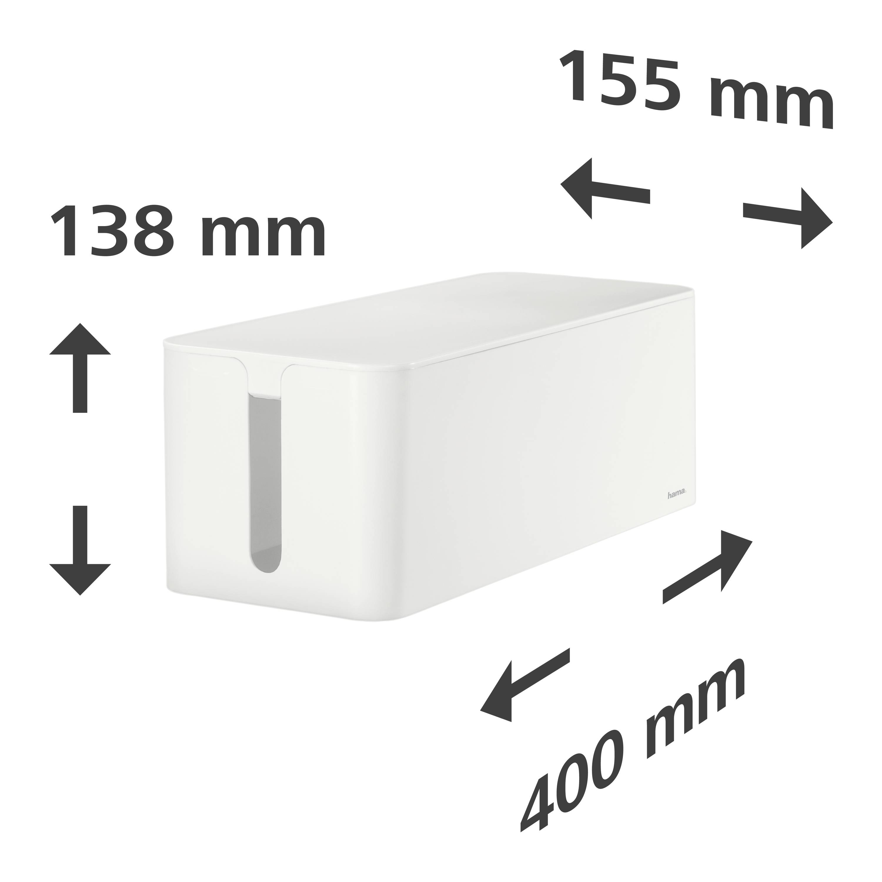 Biela obdĺžniková kabelová krabica so štrbinou na prednej strane. Rozmery: 400 mm dĺžka, 155 mm šírka, 138 mm výška.