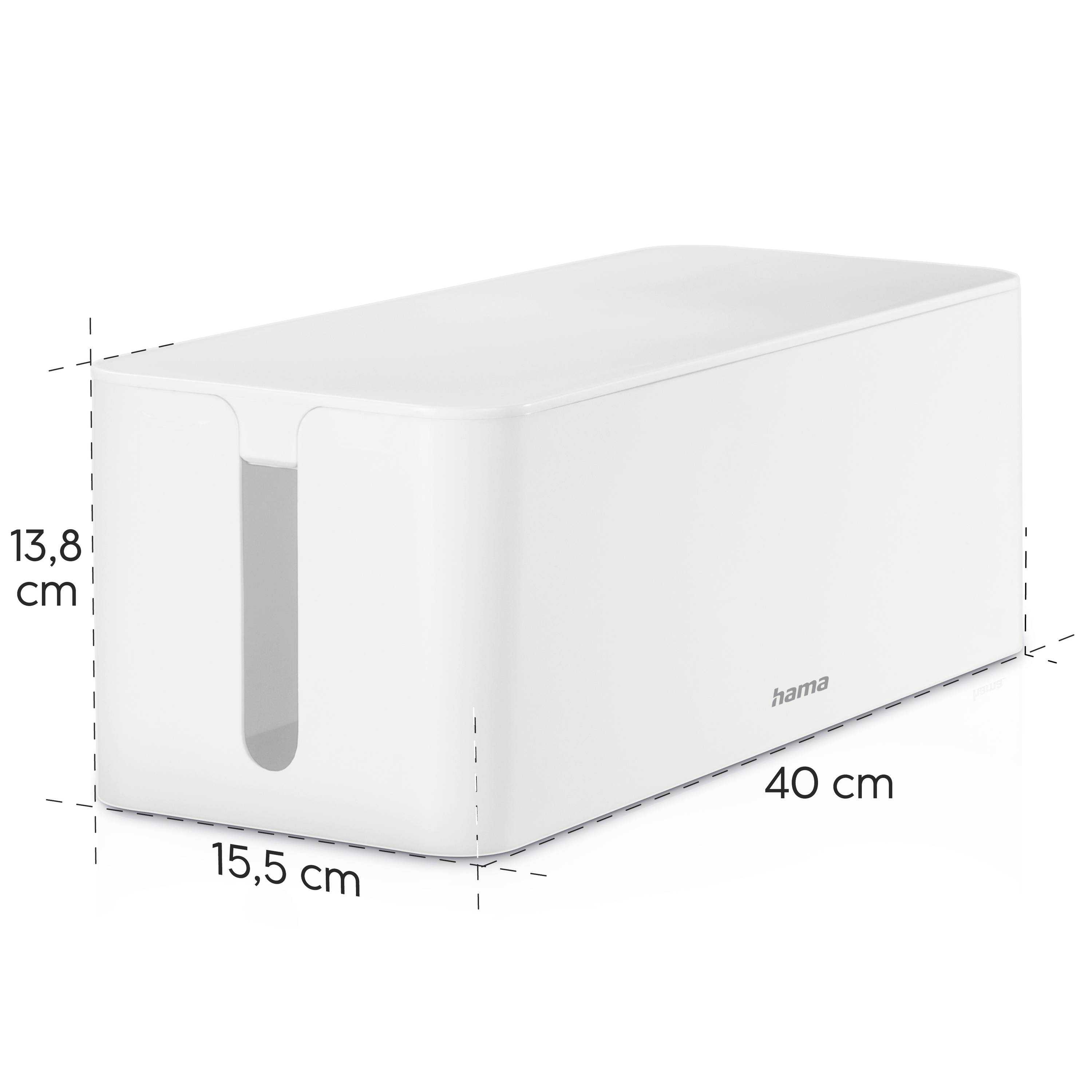 Biely organizér na káble s rozmermi 40 cm dĺžka, 15,5 cm šírka a 13,8 cm výška, vhodný na skrytie káblov.