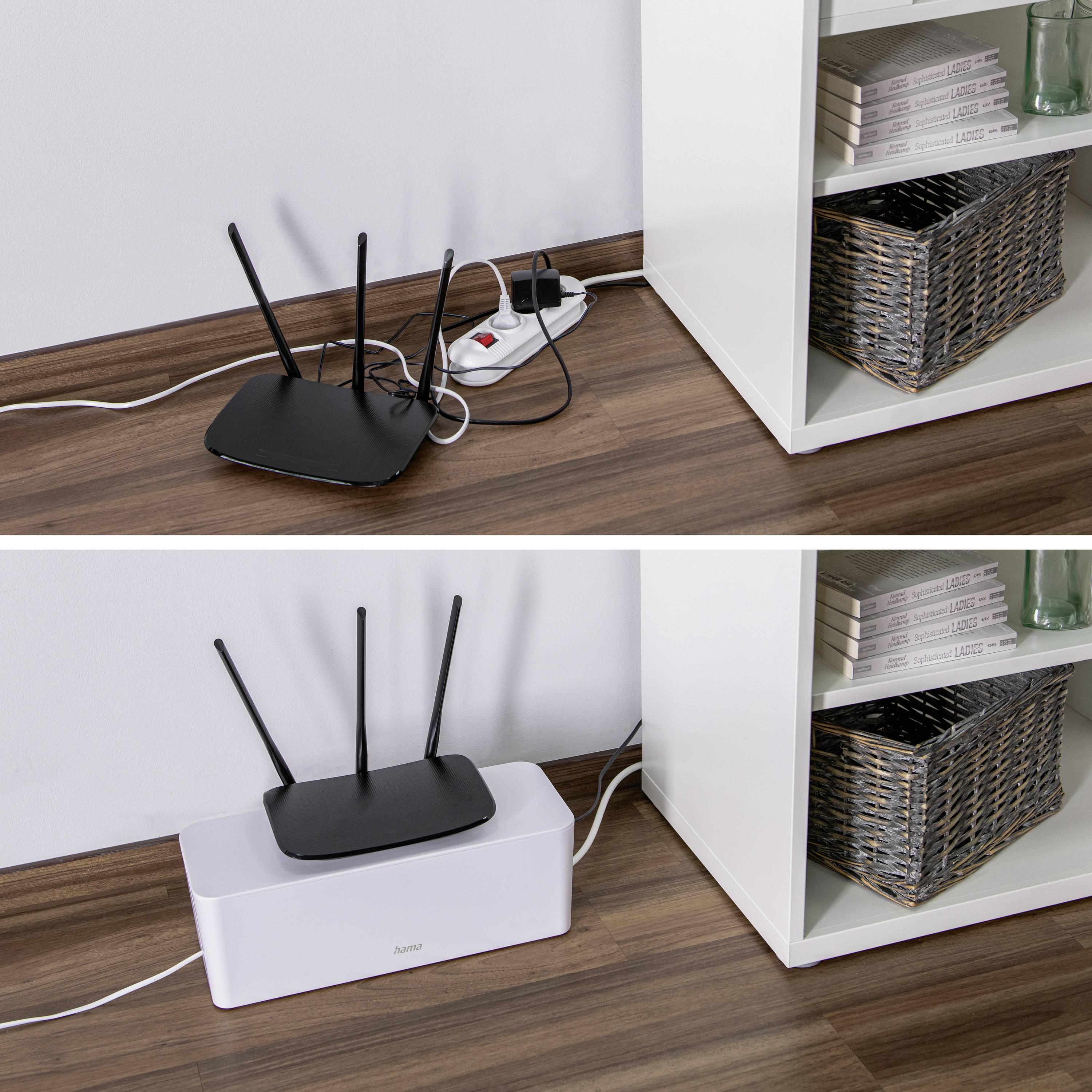 Obrázok 'pred a po': Hore je čierny router s viditeľnými káblami; dole je router upravený a prehľadne uložený v bielej krabici.