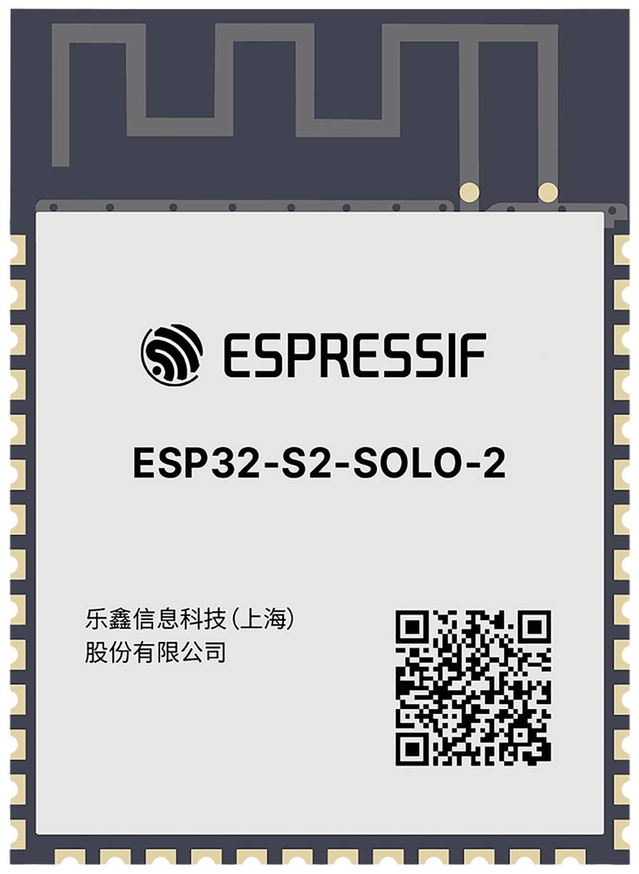 ESP32-S2-SOLO-2 mikrokontrolér od spoločnosti Espressif, obdĺžnikový komponent s QR kódom v pravom dolnom rohu, vhodný pre bezdrôtové aplikácie.