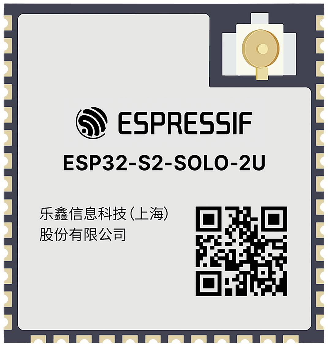 Mikročip 'ESPRESSIF ESP32-S2-SOLO-2U' s QR kódom a logom spoločnosti 乐鑫信息科技 (上海) 股份有限公司 na prednej strane.