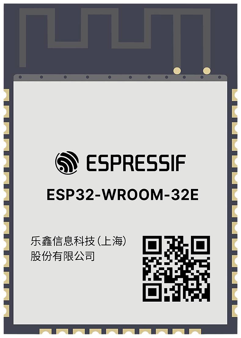 Obrázok modulu ESP32-WROOM-32E od spoločnosti Espressif Systems. Obsahuje logo, názov modelu a QR kód.