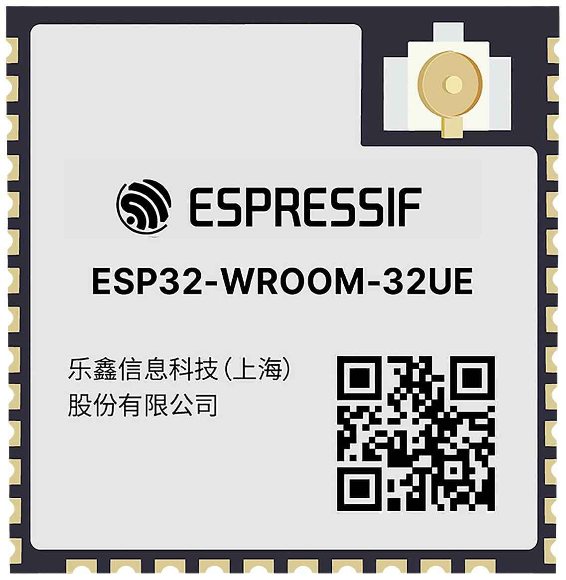 Modul s nápisom 'ESPRESSIF ESP32-WROOM-32UE'. V ľavom hornom rohu je logo. V pravom dolnom rohu sa nachádza QR kód.