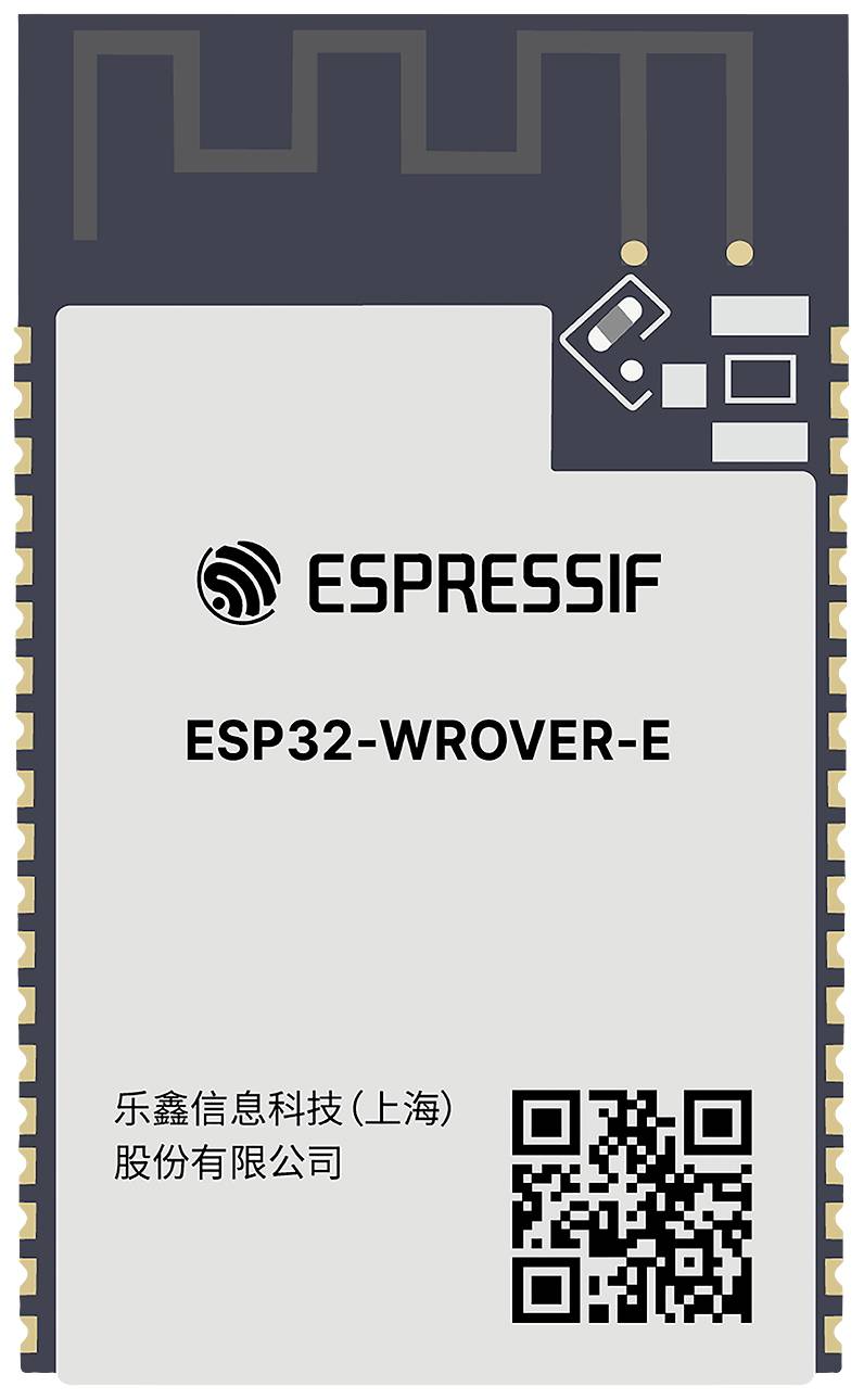 Elektronický modul s nápisom 'ESPRESSIF ESP32-WROVER-E'. Obsahuje QR kód a elektronické komponenty.