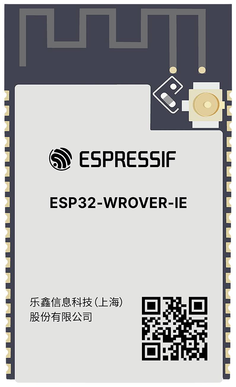 ESP32-WROVER-IE modul od spoločnosti Espressif. Obdĺžnikový elektronický komponent s QR kódom, logom a informáciami o firme. Čierno-šedý dizajn.