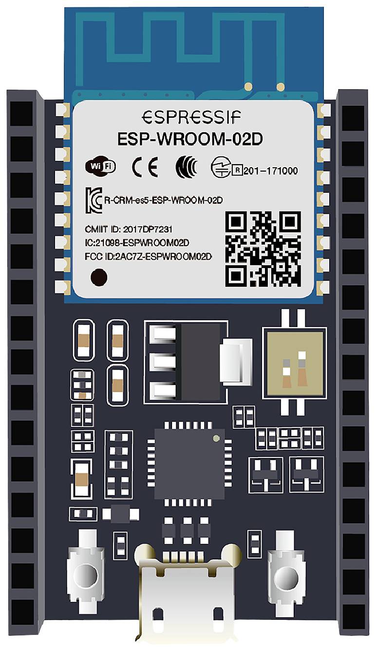Mikrokontrolérová doska ESP-WROOM-02D od Espressif s WiFi modulom a rôznymi konektormi a komponentmi na hornej strane dosky.