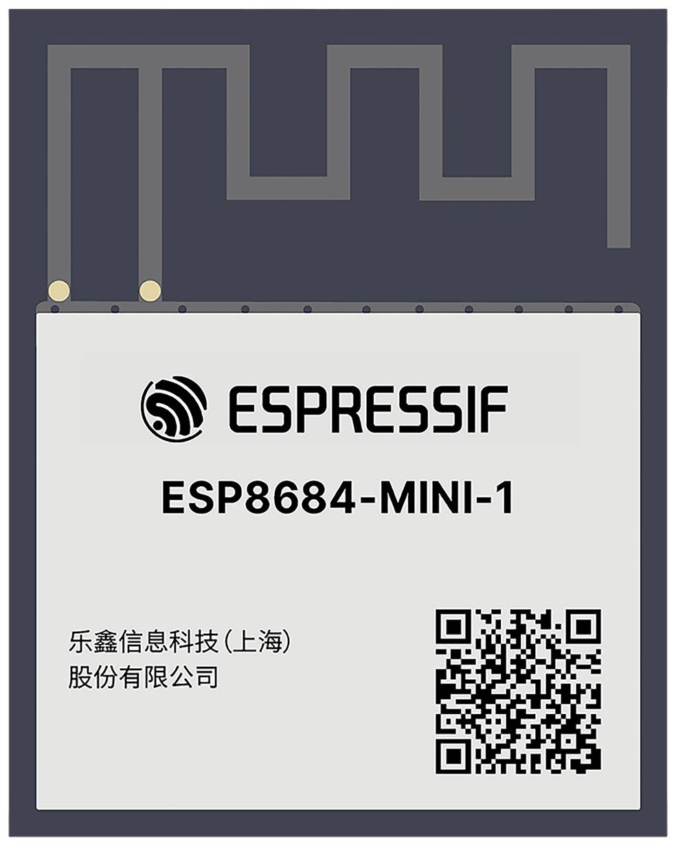 'ESP8684-MINI-1 modulový balík od Espressif so zabudovanou anténou a QR kódom. Firemné logo a text na prednej strane.'