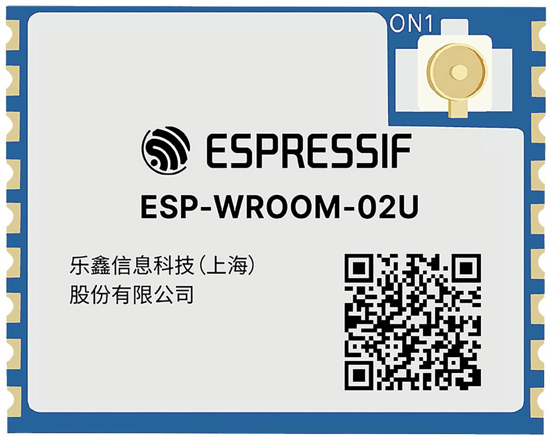 WiFi modul ESP-WROOM-02U od spoločnosti Espressif, s označením ON1 a QR kódom na prednej strane.