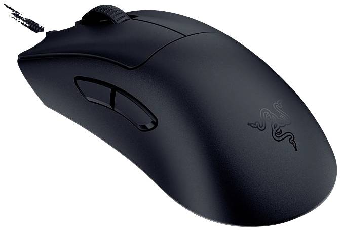 Čierna počítačová myš s ergonomickým dizajnom a bočnými tlačidlami. Obsahuje nápadné logo na hornej strane.