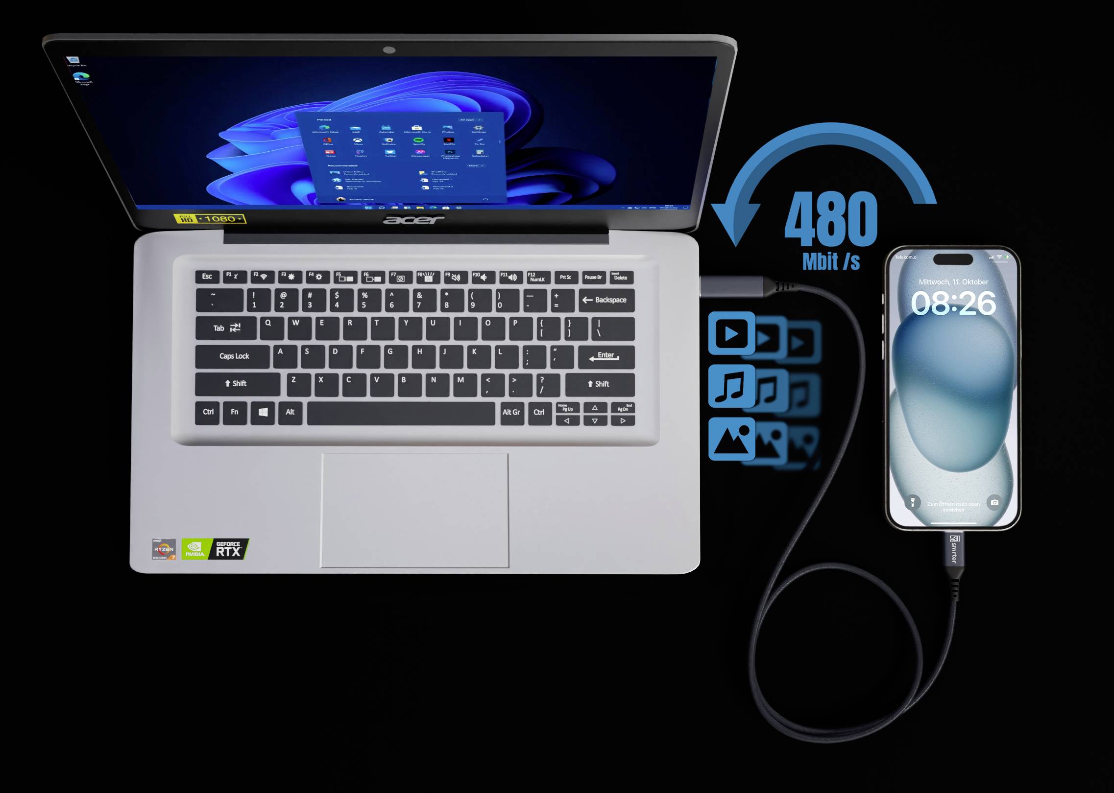 Laptop s otvoreným zobrazením obrazovky ukazuje aplikácie, prepojený so smartfónom pomocou kábla, zobrazená prenosová rýchlosť dát 480 Mbit/s.