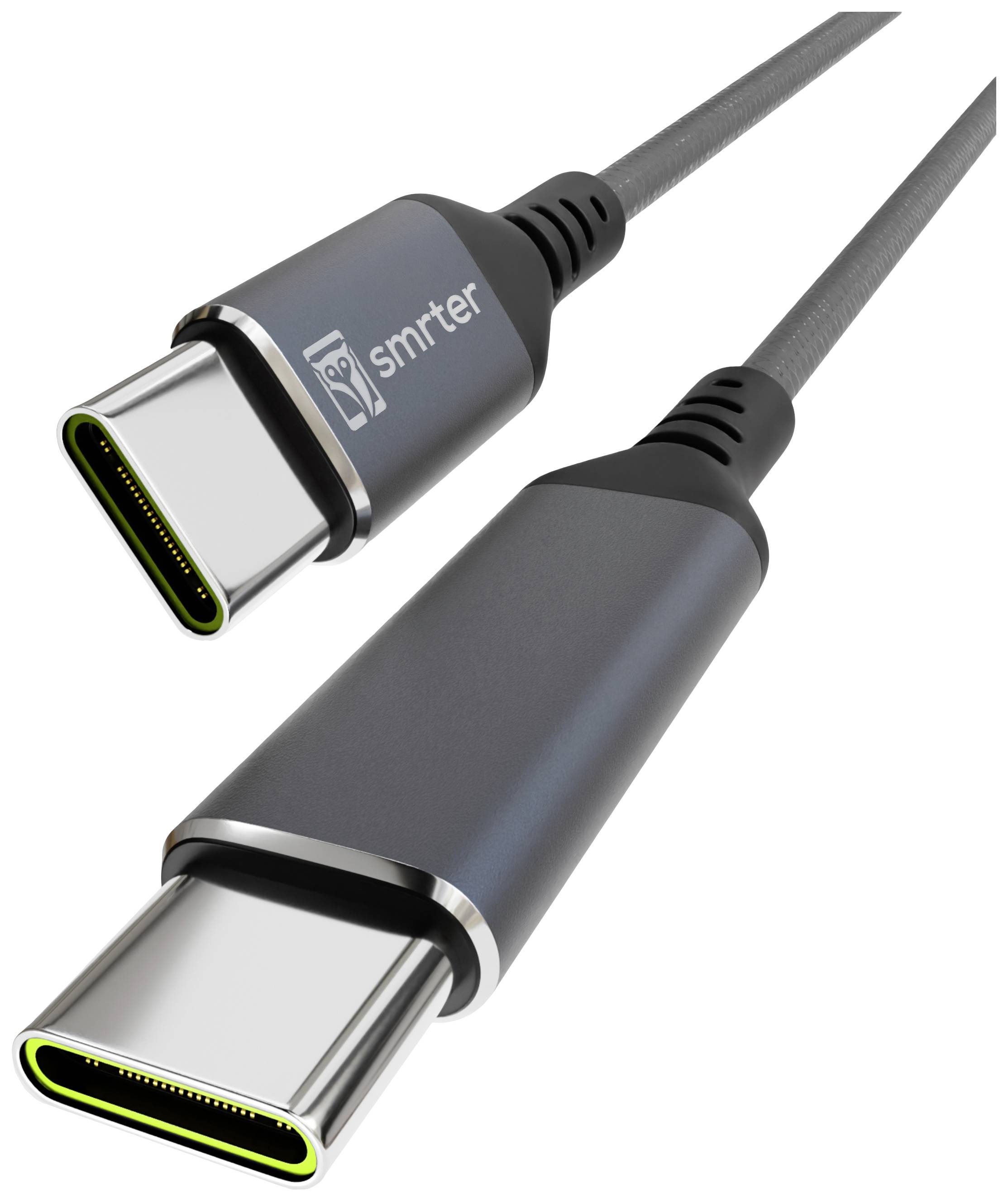 Dva sivé USB-C káble s čiernymi akcentmi a zelenou vnútornou časťou, na koncovkách je viditeľná značka 'smrter'.
