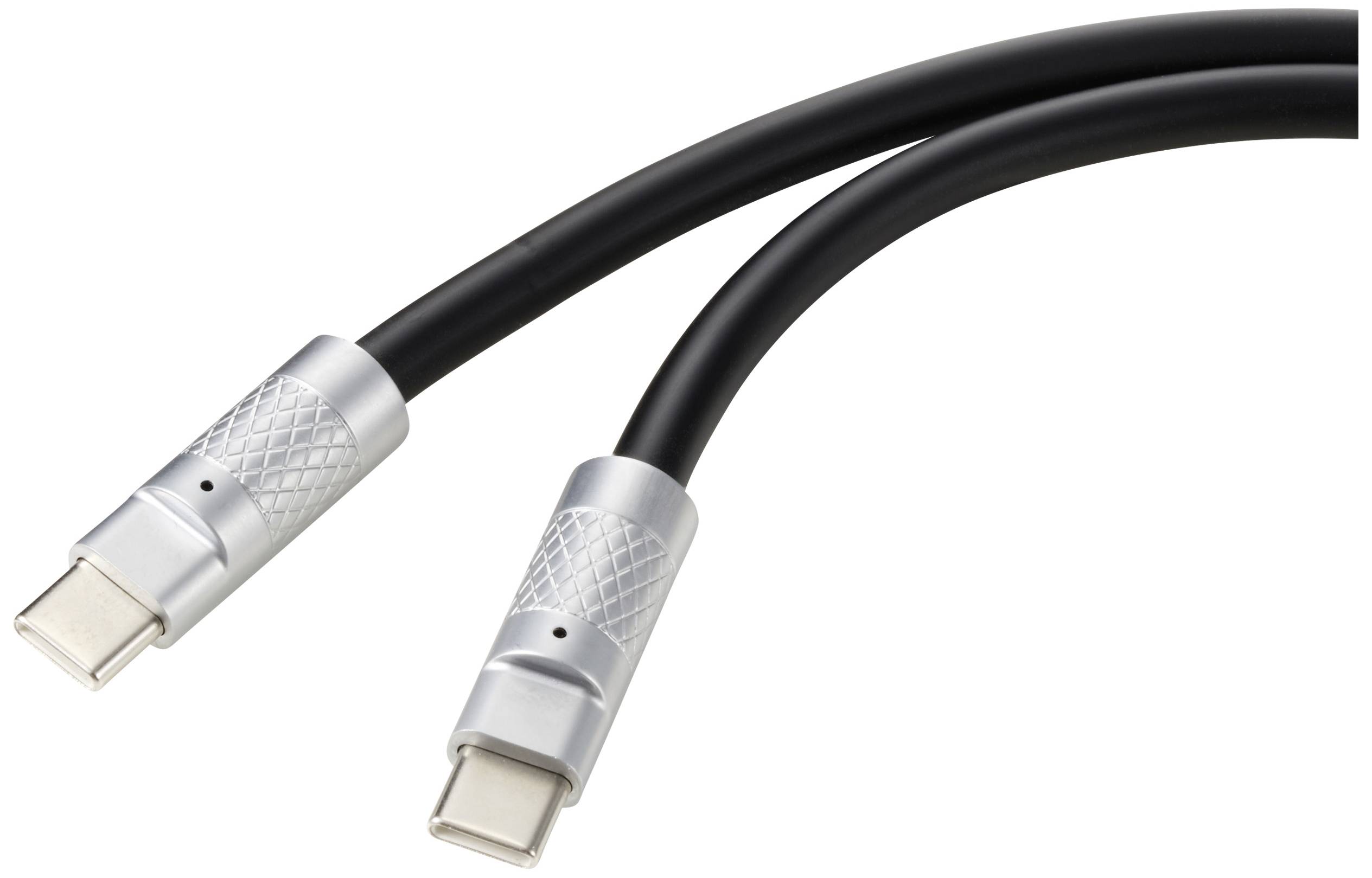 Dva USB-C káble so striebornými konektormi a čiernym obalom, ktoré umožňujú prepojenie medzi zariadeniami.
