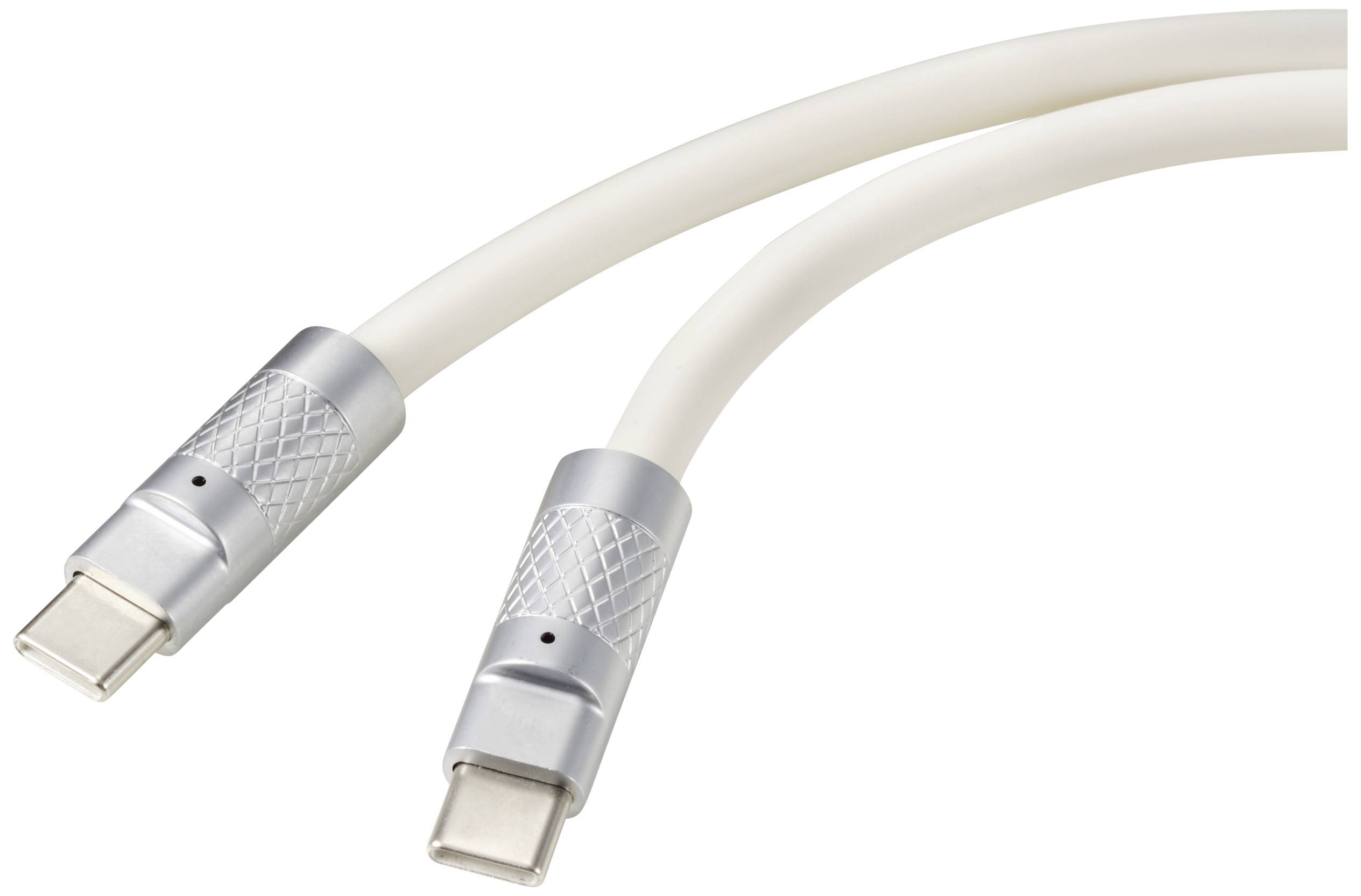 Dva biele USB-C káble so striebornými konektormi ležiace vedľa seba.