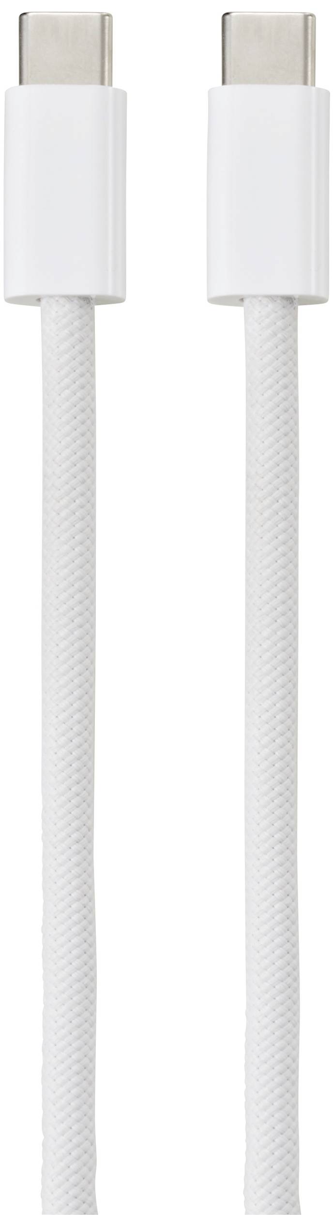 Dva biele USB-C káble ležiace vedľa seba, zobrazujúce konektory vo vertikálnom usporiadaní.