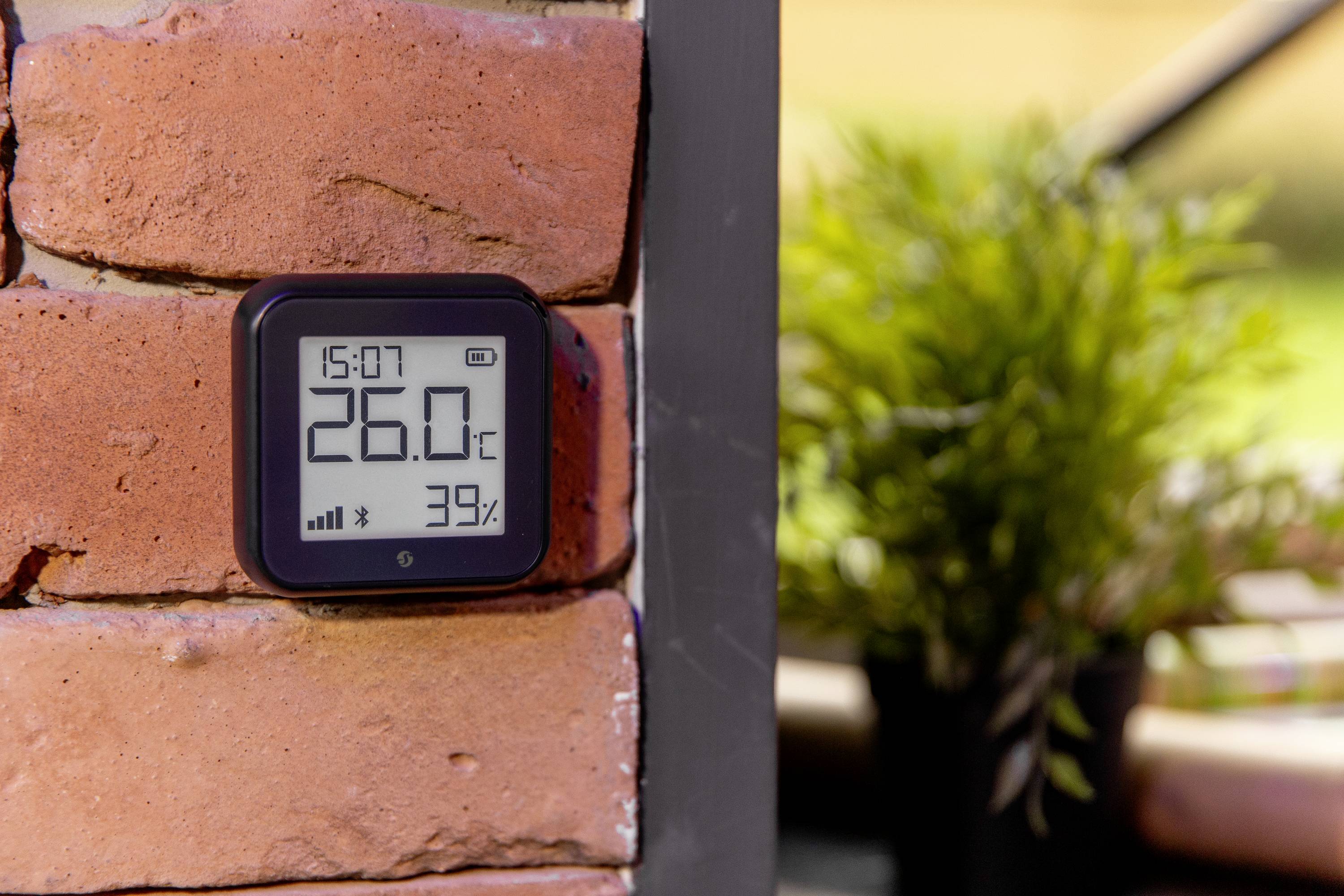 Digitálny teplomer na tehlovej stene ukazuje 26°C a 39% vlhkosti vzduchu. V pozadí je rozmazaná rastlina.
