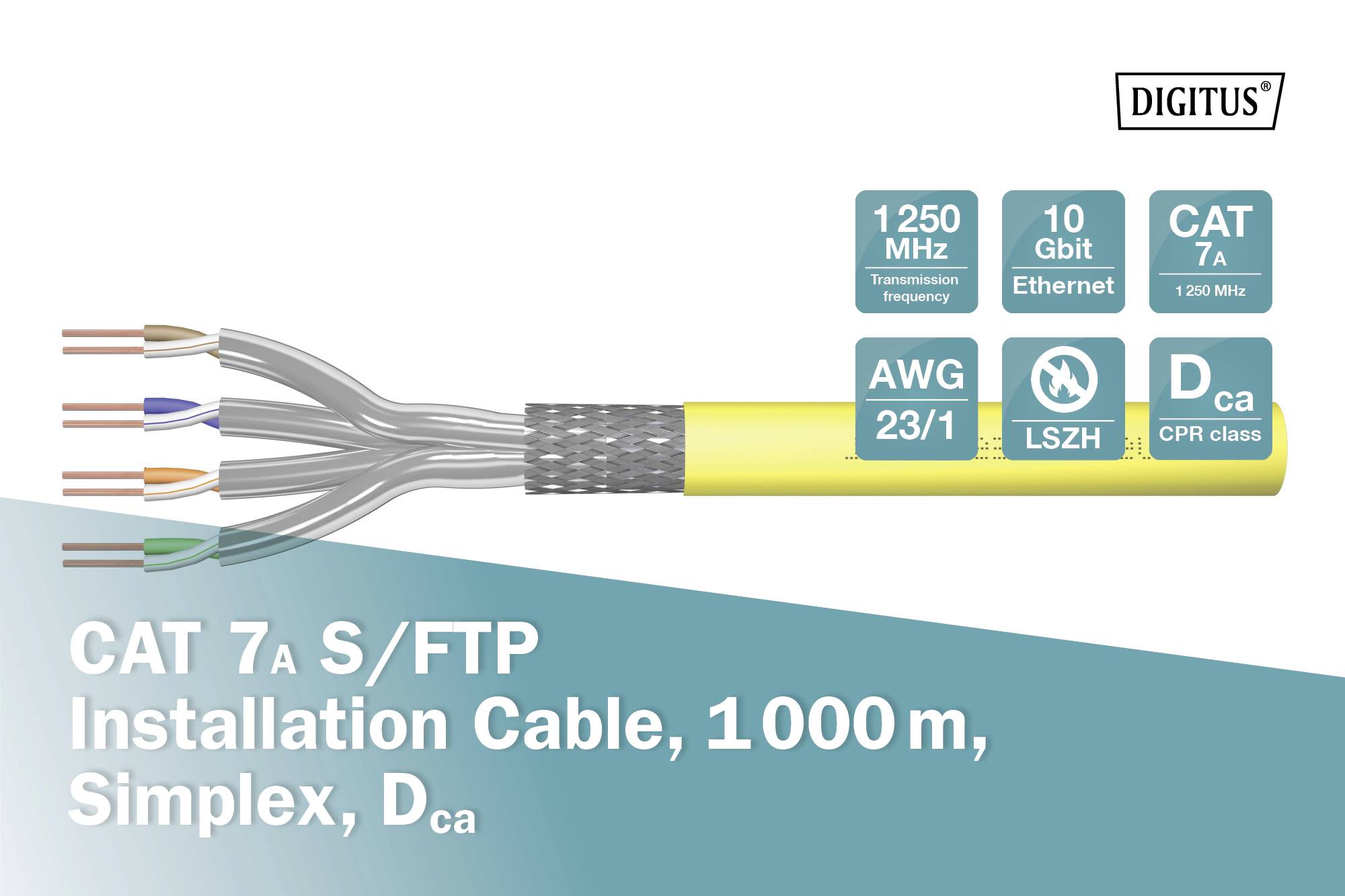 Kábel CAT 7a S/FTP, inštalačný, 1000 m, simplexný, Dca, zobrazuje prierez kábla so štyrmi párovo skrútenými vodičmi a technické špecifikácie.