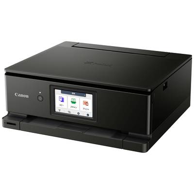 Čierny tlačiareň Canon s dotykovým displejom zobrazuje možnosti ako kopírovanie, skenovanie a tlač. Zariadenie má moderný, kompaktný dizajn.