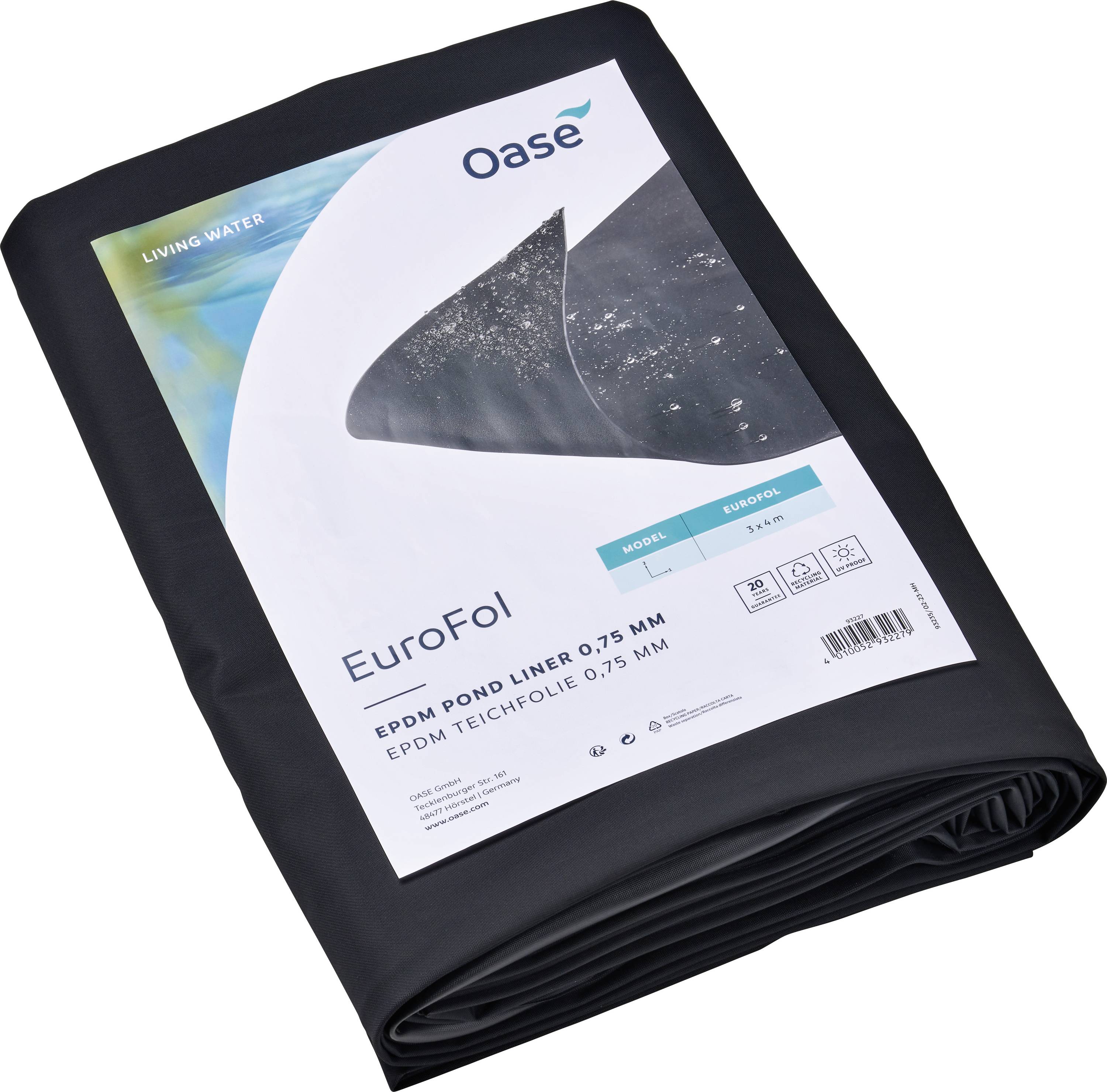 Rolka EPDM fólie do jazierka, označená nápisom 'Oase EuroFol 0,75 mm', s diagramem použití fólie v zahradním jezírku.