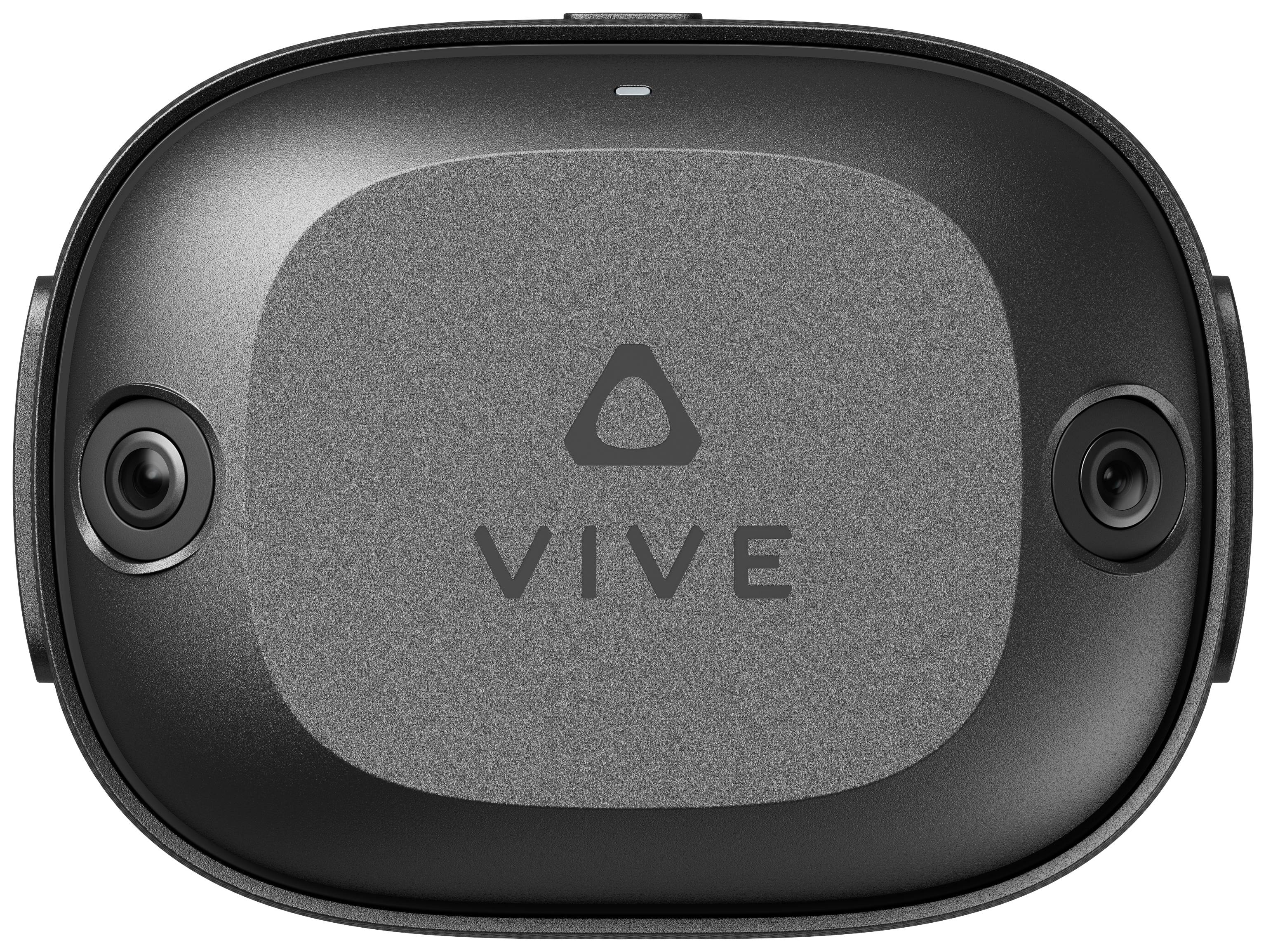 Pohľad spredu na čierne virtuálne okuliare s kamerovými očami a nápisom "Vive" v strede.