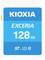 SD karta s nápisom 'KIOXIA EXCERIA 128 GB'. Vhodná pre zariadenia kompatibilné s UHS-I. Kapacita: 128 gigabajtov.