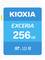 Modrá pamäťová karta KIOXIA s označením 'EXCERIA 256 GB' a symbolmi pre formát SD, UHS-I a rýchlostnú triedu 10.
