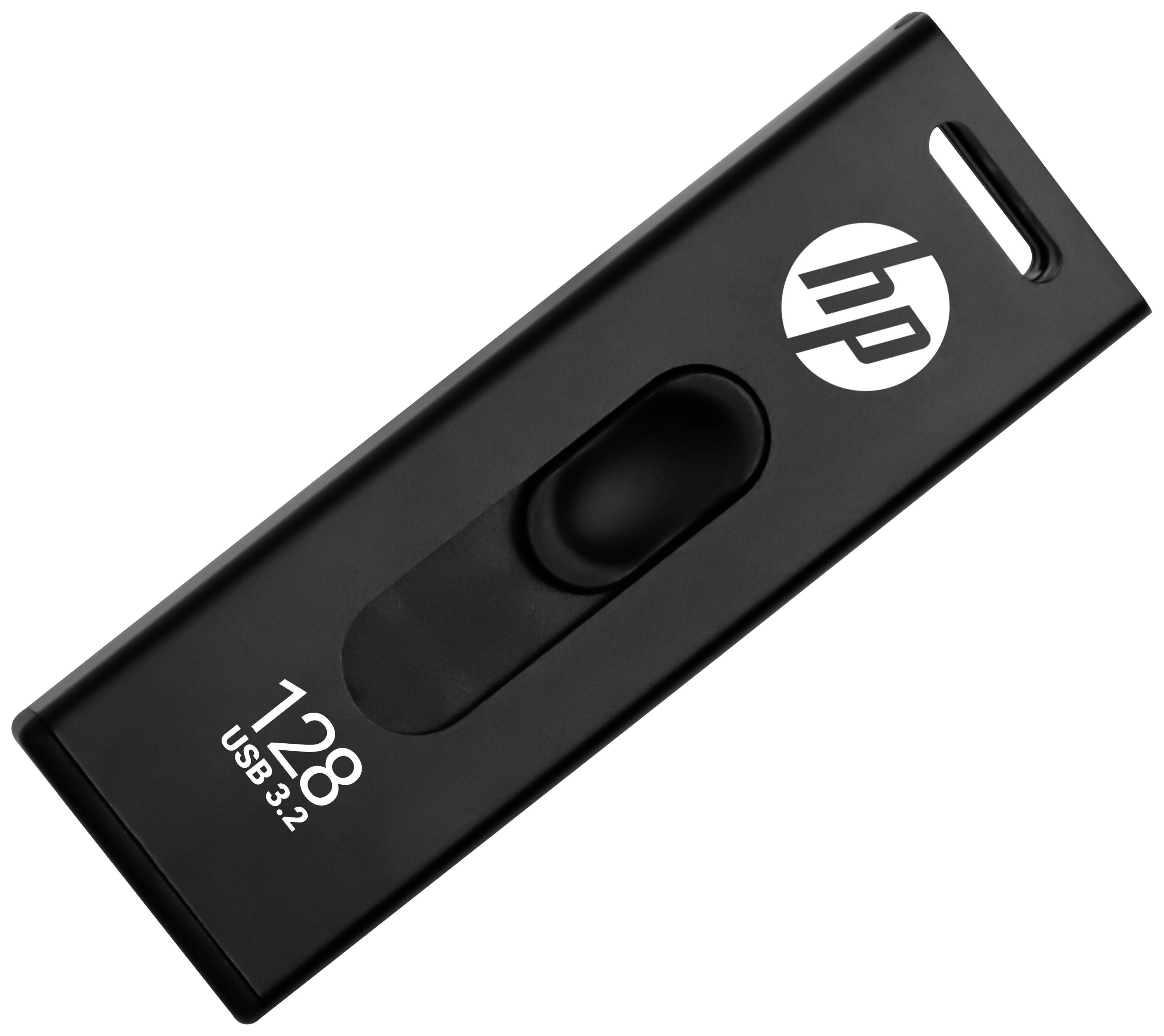 Čierny USB kľúč s kapacitou 128 GB a technológiou USB 3.2, označený logom.
