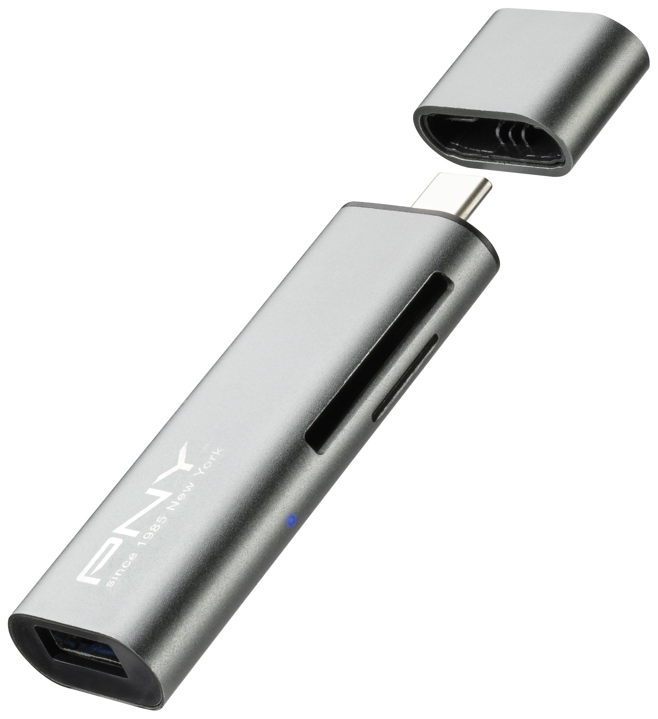 USB-C hub s odnímateľným krytom, disponuje USB a čítačkou kariet. Strieborný, štíhly dizajn pre všestrannú konektivitu.