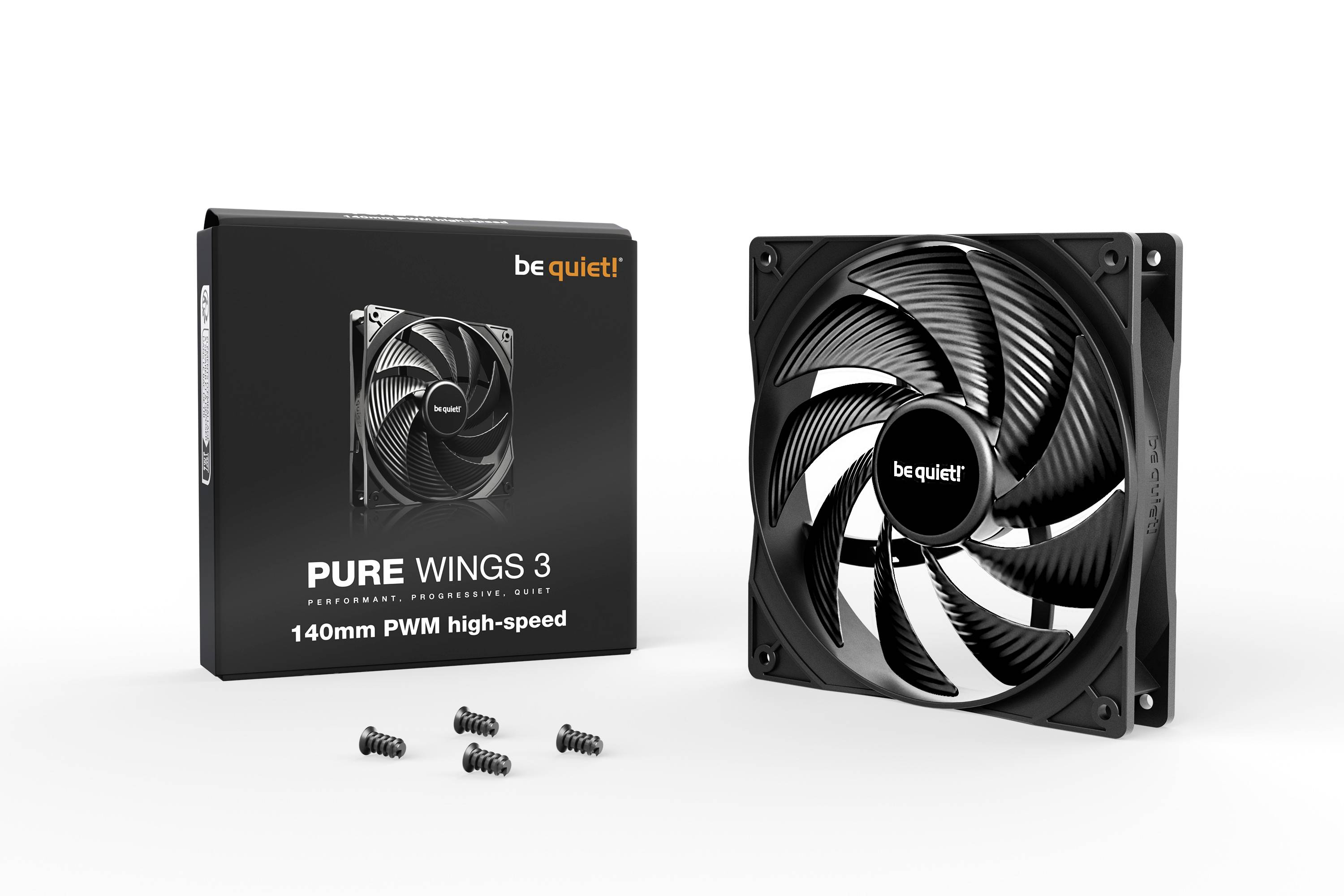 Čierny PC ventilátor 'be quiet! Pure Wings 3' s balením a skrutkami, určený na 140mm PWM high-speed chladenie.