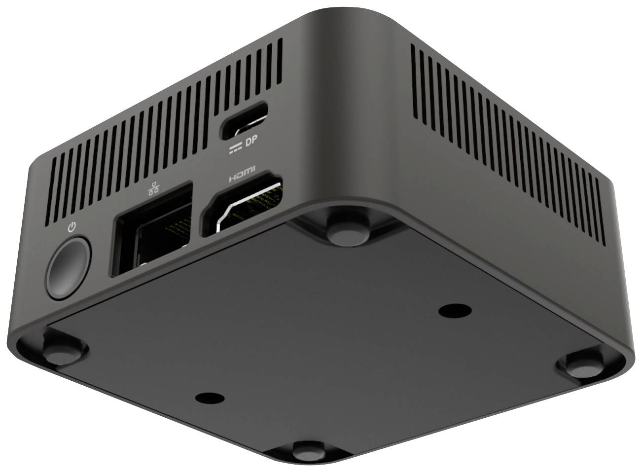 Malý, štvorcový miniatúrny počítač v čiernom kryte s rôznymi portami vrátane HDMI a USB.