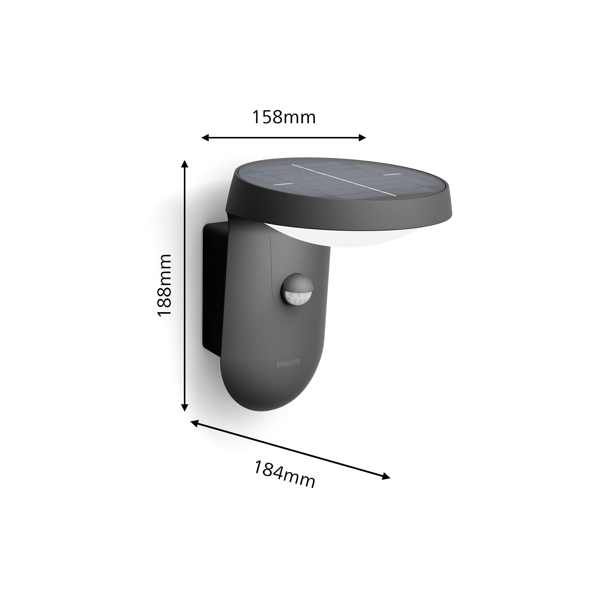 Solárne nástenné svietidlo s PIR senzorom a rozmermi: výška 188 mm, šírka 158 mm, hĺbka 184 mm.
