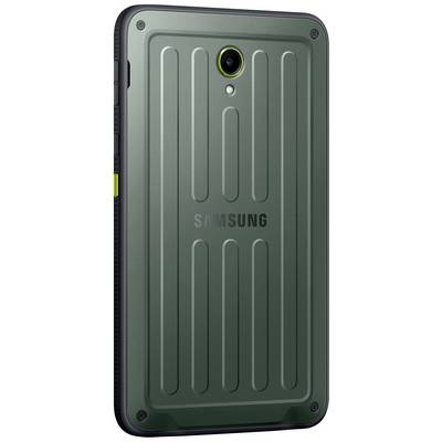 Robustný zelený tablet Samsung s tvarovaným zadným dizajnom a zaoblenými rohmi, zobrazený na výšku.