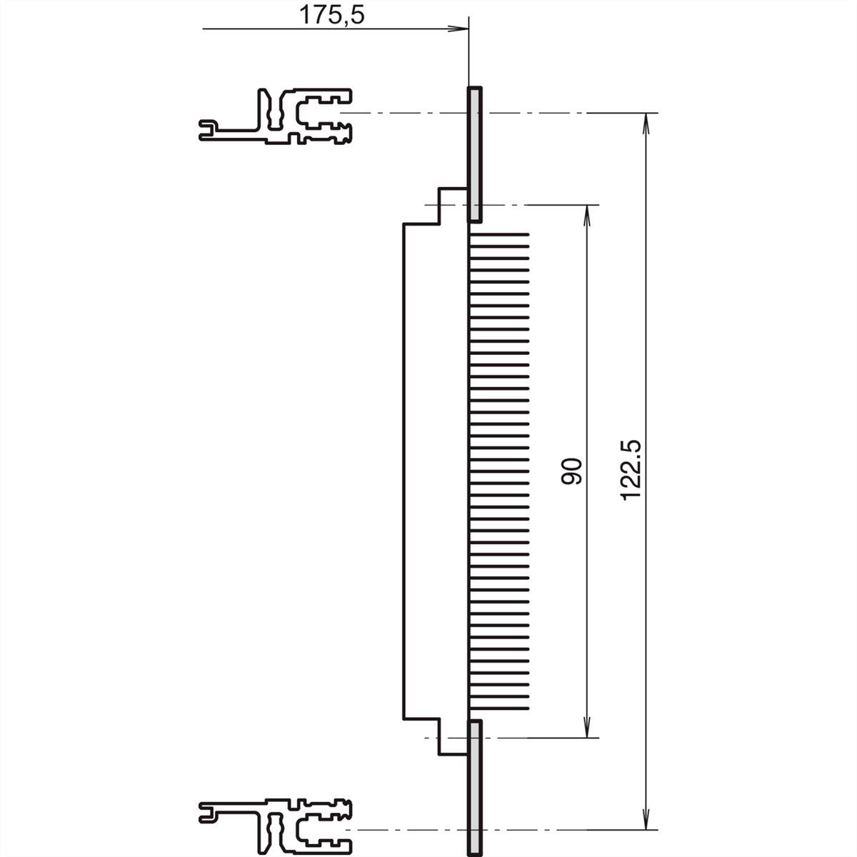 Technický výkres chladičového profilu s rozmermi 175,5 mm šírky a 122,5 mm výšky. Zobrazené detaily upevňovacích prvkov.