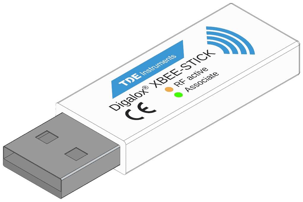 "Biely USB kľúč s nápisom „XBee-Stick". Vedľa textu je modré vlnové ikona a dva indikátory: zelený pre „Associate" a oranžový pre „RF active"."