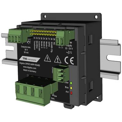 Čierna elektronická jednotka určená na montáž na DIN lištu so zelenými konektormi, LED diódami a technickými označeniami.