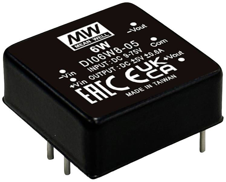 Čierny DC/DC menič 'Mean Well' s výkonom 6W, model DI06W8-05, vstup DC 9-75V, výstup DC 0-75V, vyrobený na Taiwane.