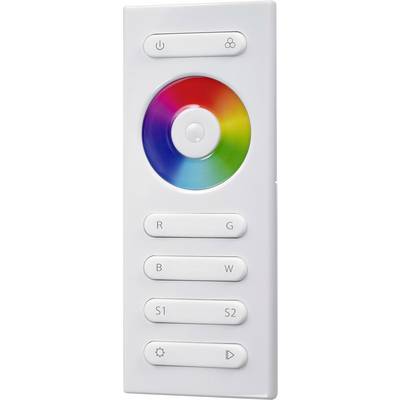 Nástenný RGB LED regulátor s kruhovým farebným kolieskom a tlačidlami na vypnutie/zapnutie, červenú/zelenú, modrú/bielu, predvoľby S1/S2 a ovládanie jasu/prehrávania.