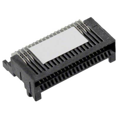 Zblízka pohľad na čierny elektrónický konektor s mnohými kovovými kolíkmi a bielym štítkom na vrchu, používaný na technické aplikácie.