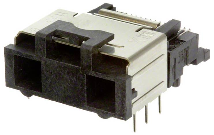 Zblízkosti pohľad na elektronický konektor s kovovými kolíkmi a obdĺžnikovým čiernym a strieborným puzdrom používaným na pripojenie dosiek plošných spojov.