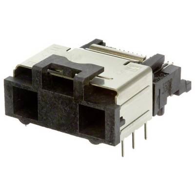Zblízkosti pohľad na elektronický konektor s kovovými kolíkmi a obdĺžnikovým čiernym a strieborným puzdrom používaným na pripojenie dosiek plošných spojov.
