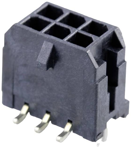 Čierny šesťpólový konektor s tromi kontaktnými kolíkmi dole. Používa sa pre elektronické prepojenia.