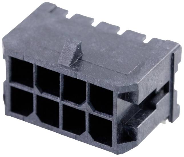 Čierny plastový konektor, obdĺžnikového tvaru, s viacerými štvorcovými otvormi. Používa sa v elektronických zariadeniach.