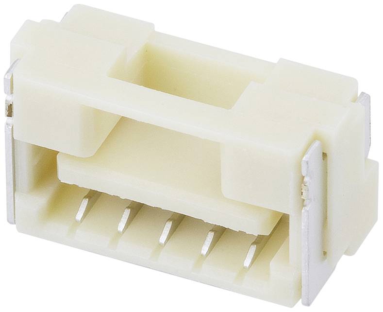 Béžový plastový konektor s viacerými otvormi a kovovými štrbinami, používaný na elektrické prepojenie v elektronických zariadeniach.