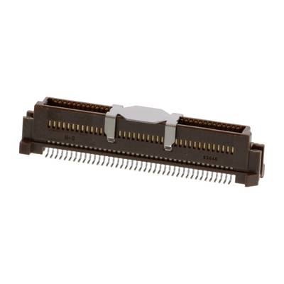 Hnedý elektronický konektor s viacerými tenkými striebornými kontaktnými kolíkmi, ktorý sa používa pre technologické zariadenia.