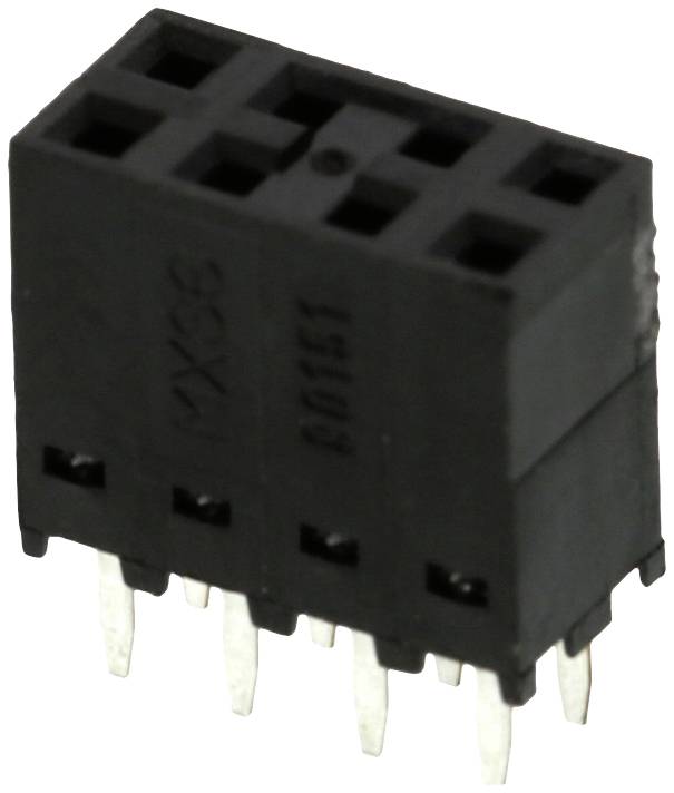 Čierny, obdĺžnikový konektor s viacerými striebornými pinmi, používaný na elektronické prepojenia.