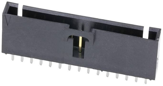 Čierny plastový konektor s viacerými kovovými pinmi pre elektronické aplikácie.