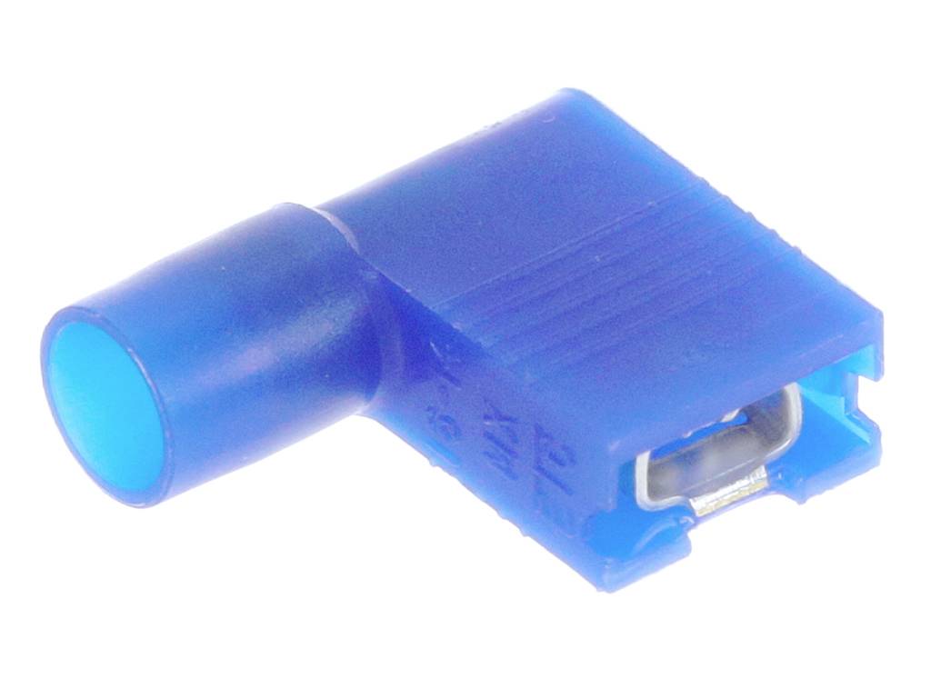 Modrý elektrický kábel s kovovým zakončením, na jednej strane izolovaný a na druhej strane s otvorením pre kovový spoj, používaný na bezpečné prepojenie káblov.