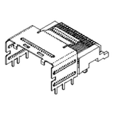 Výkres elektronického konektora s viacerými kontaktnými kolíkmi a vodiacimi prvkami, zobrazujúci jeho konštrukciu a dizajn.