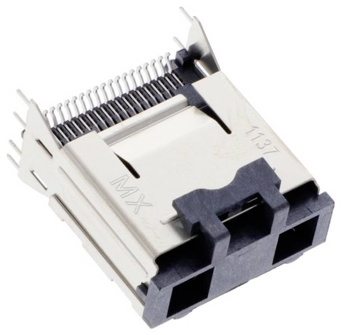 Zásuvka Ethernet portu s kovovými kontaktmi a obdĺžnikovým plastovým puzdrom, označená 'MX' a '1137', používaná v sieťových pripojeniach.