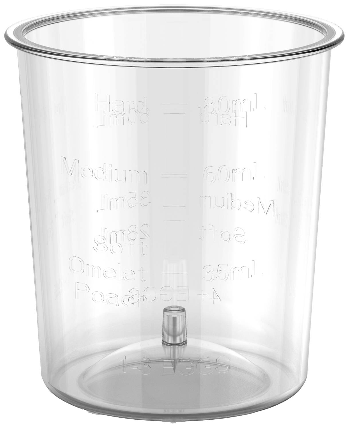 Plastový odmerný pohár so stupnicou v mililitroch a rôznymi stupňami mäkkosti pre potraviny, napr. Tvrdý, Stredný, Mäkký.